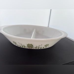 Vintage Glasbake J2352 Milk Glass Oval Divided Serving Dish Green Crazy Daisy